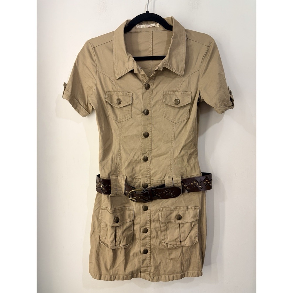 Y2K Tyte Khaki Utility Safari Shirt Dress Belted Cargo Pockets Size M
